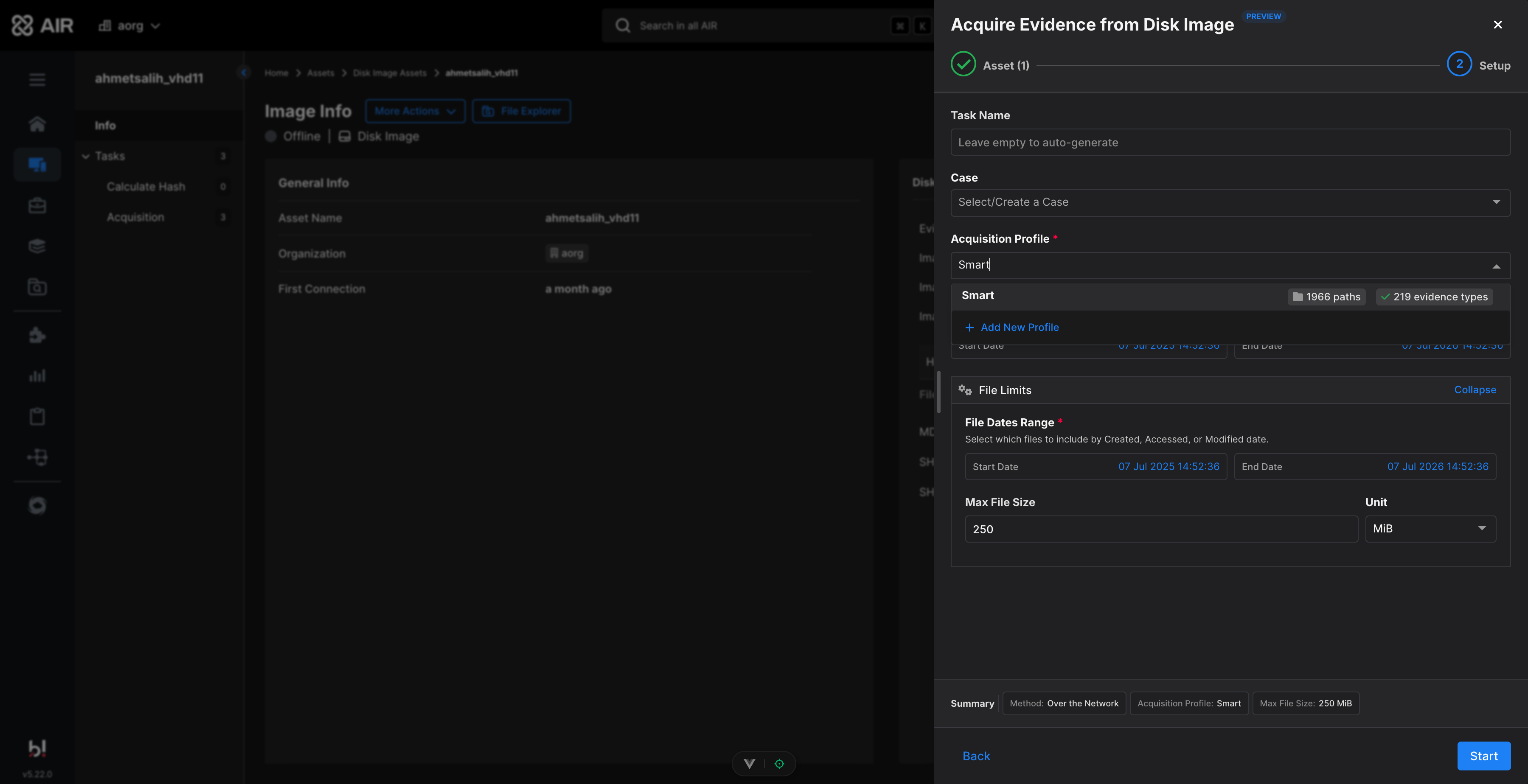 Acquisition profile drop-down showing profile paths and evidence type counts